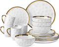 LOVECASA 16 Pieces Plates and Bowls Sets Porcelain White and Gold Dinnerware Sets Round Dinner Plates Dishes Set Service for 4 Dishwasher Safe and Scratch Resistant White