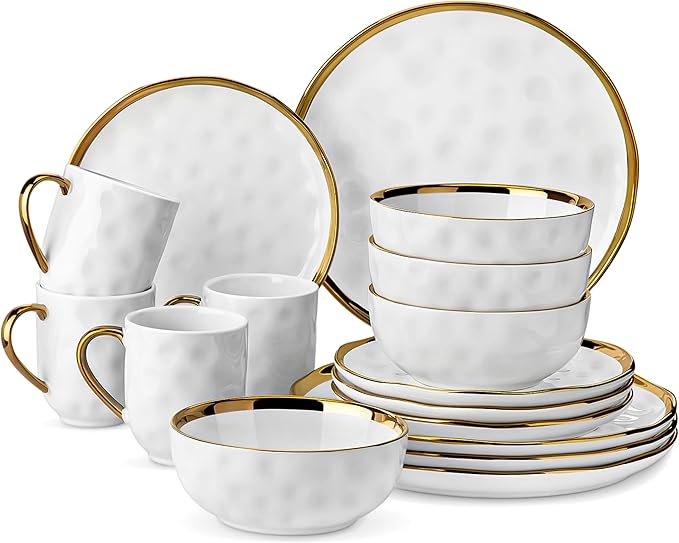 LOVECASA 16 Pieces Plates and Bowls Sets Porcelain White and Gold Dinnerware Sets Round Dinner Plates Dishes Set Service for 4 Dishwasher Safe and Scratch Resistant White