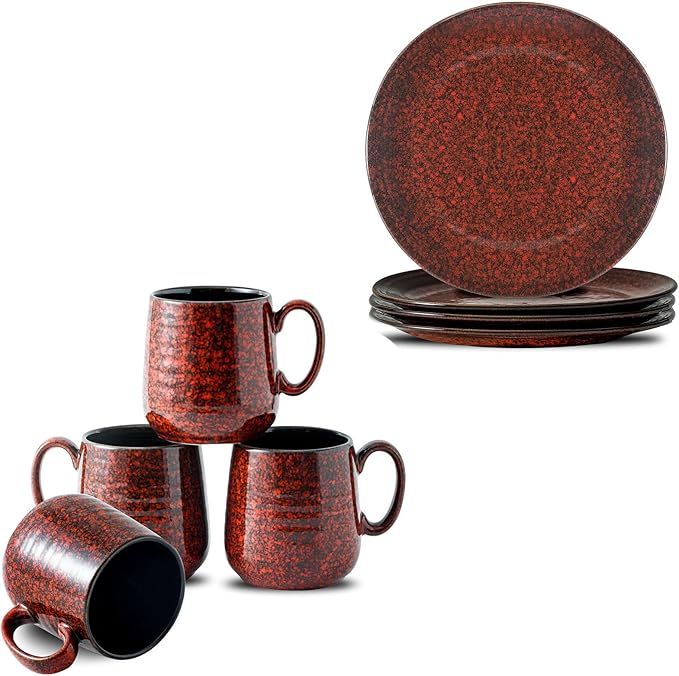 Hasense Dinnerware Sets for 4 8 Piece Porcelain Plates and Coffee Mugs Marble Red Glaze Round Dish Set Modern Ceramic Dinnerware Set Dishwasher Microwave Safe