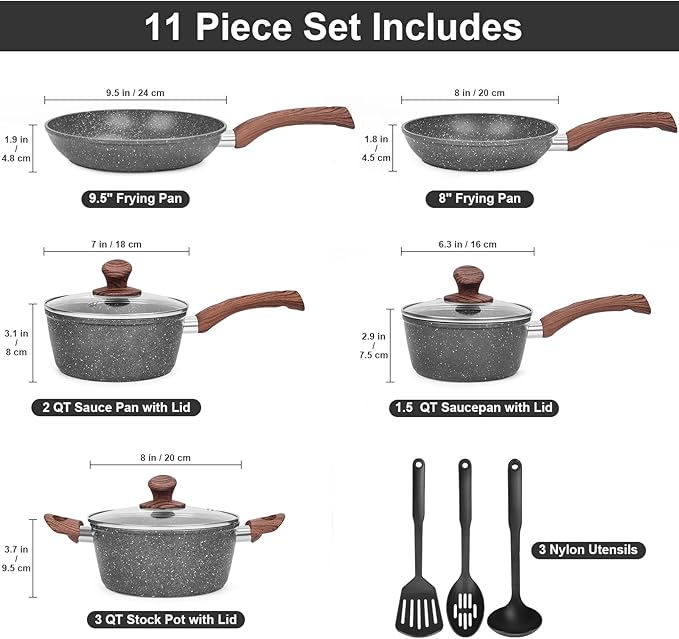 Granite Pots and Pans Set Non Stick 11 Piece Die-Cast Induction Cookware Set Nonstick Kitchen Cooking Set w/Frying Pans &amp Saucepans PFOA Free