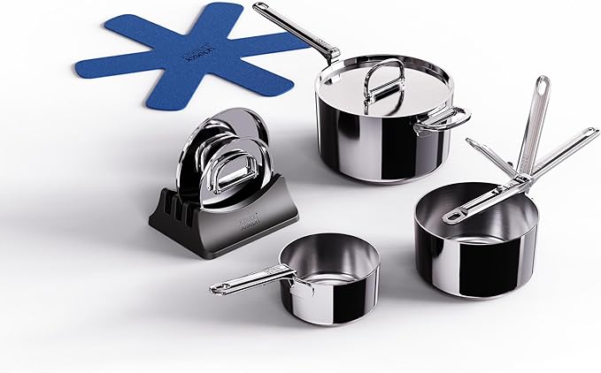 Joseph Joseph Space Steel 6-Piece Stainless Steel Sauce Pan Set with Lids Nesting with Folding Handles Induction &amp Oven Safe