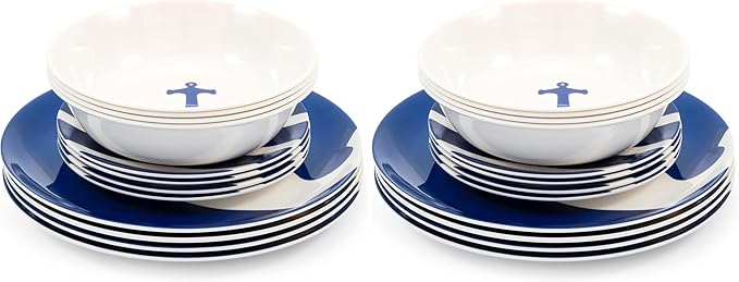 Camco 12 Piece Melamine Dishware Set - Features Blue and White Nautical Design - Includes 4 Bowls 4 Salad Plates &amp $ Dinner Plates - Dishwasher Safe Dish Set (41951) (Pack of 2)