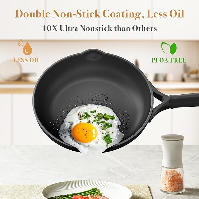Nonstick pots and pans set 14 Pcs Induction Cooking Set with Pour Spouts and Oven Safe for Casserole PFOA FREE Classic BlackCompatible with All CooktopsHeat-resistant and comfortable handle