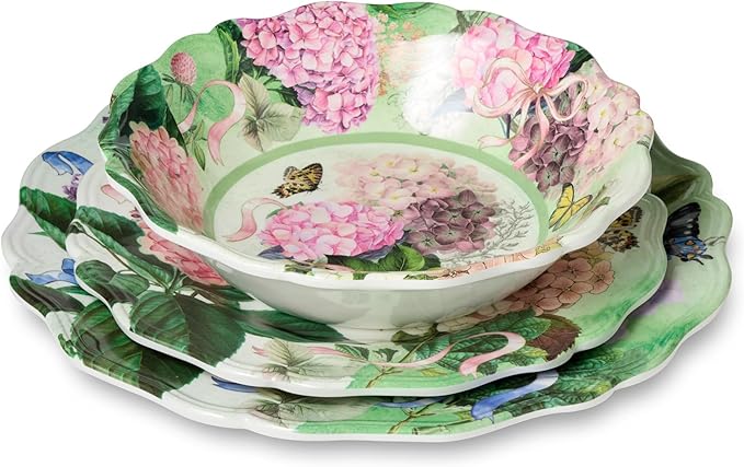 Garden Path Melamine 12-Piece Dinnerware Set - Hydrangea Design Service for 4 with Dinner Plates Salad Plates and Bowls - Durable Lightweight and Dishwasher-Safe