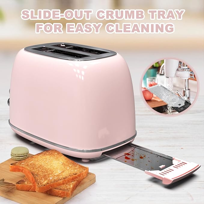 Toaster 2 sliceRetro Stainless Steel Toaster with 6 Settings 1.5 In Extra Wide Slots Bagel/Defrost/Cancel Function Removable Crumb Tray (Baby pink)