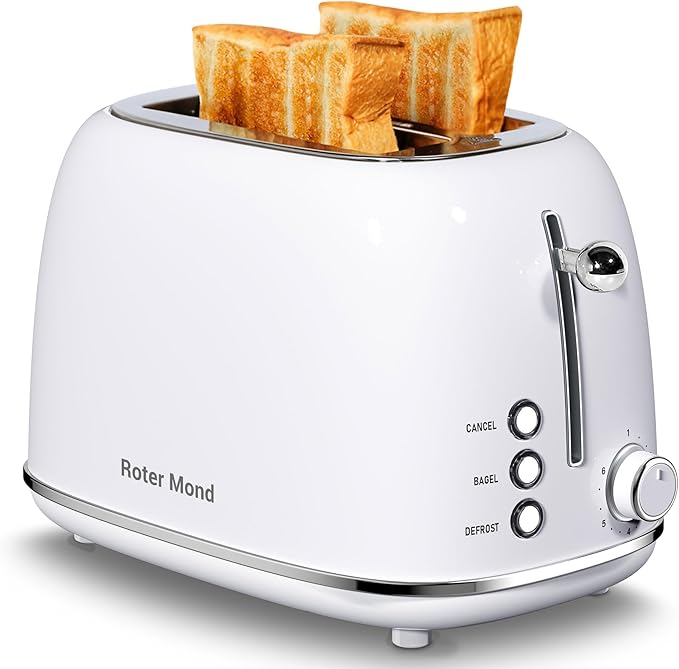 Roter Mond 2 Slice Toaster Retro Stainless Steel with Bagel Cancel and Defrost Functions 6 Bread Shade Settings Extra Wide Slots and Removable Crumb Tray White