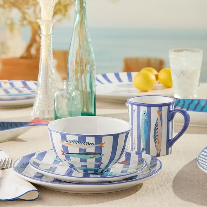 Something Fishy 16-Piece Ceramic DINNERWARE SETSERVICE for 4 Coastal Blue Striped Plates Mugs and Bowls with Artist-Designed Fish Artwork for Beach House Dining and Entertaining