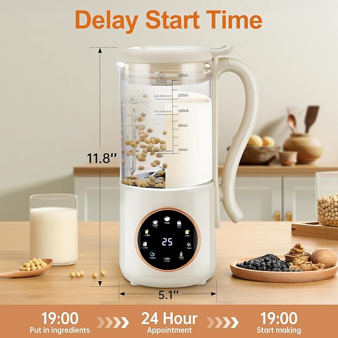 48 oz Nut Milk Maker Machine with 16 Blades 8 in 1 Automatic Homemade Almond Oat Soy Plant-Based Milk and Dairy Free Beverages Almond Maker Self-cleaning Keep Warm/24-Hour Delay