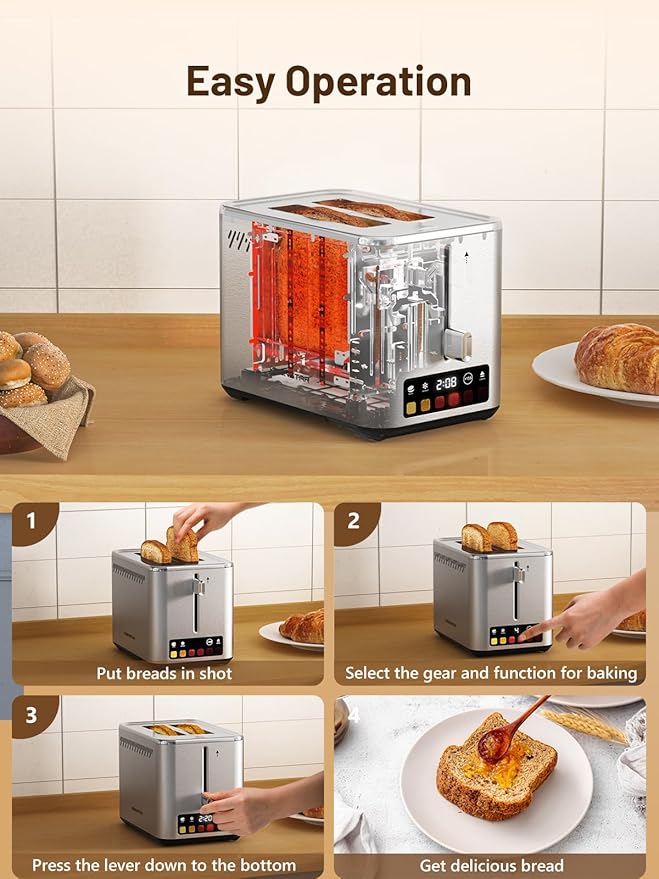KEENSTAR Touch Screen 2-Slice Toaster with 6 Browning Levels Bagel Defrost &amp Timer Wide 1.5 Slots Removable Crumb Tray 900W Stainless Steel Smart Toaster for Bagels Breads &amp Waffles