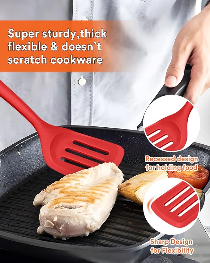 Kitchen Utensils Set 13PCS Silicone Cooking Utensils Heat Resistant Kitchen Utensil Spatula Set for Nonstick Cookware Wooden Handles Kitchen Gadgets Tools Set (RED)