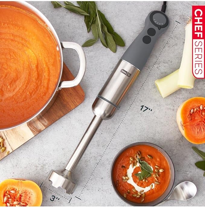 Dash Chef Series Deluxe Immersion Hand Blender 5 Speed Stick Blender with Stainless Steel Blades Dough Hooks Food Processor Grate Mash Slice Whisk Attachments and Recipe Guide – Cool Grey
