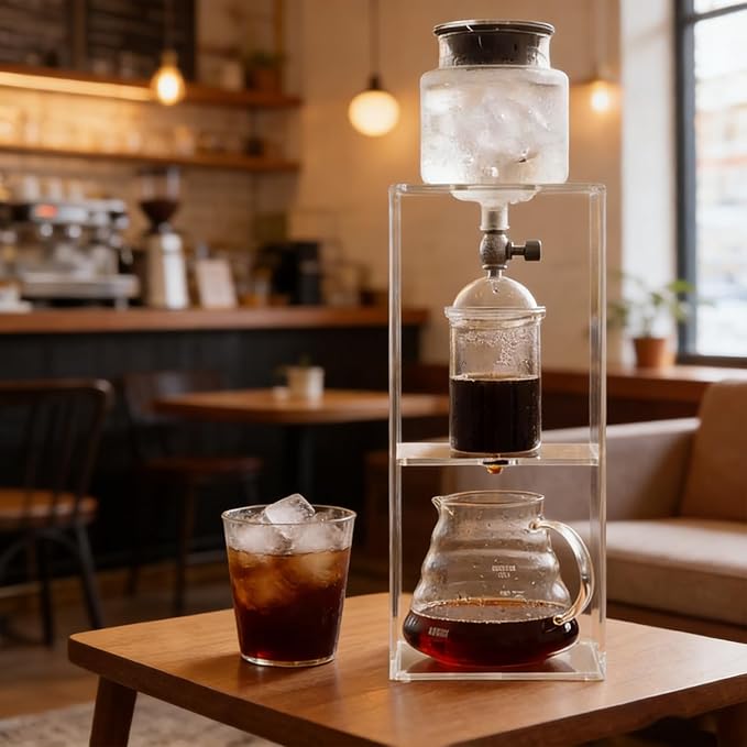 Cold Brew Coffee Tower Ice Drip Coffee Maker with 600ml Glass Pot Adjustable Drip Speed Valve Makes 2-4 Cups Acrylic Stand for Coffee Shop Tea Shop