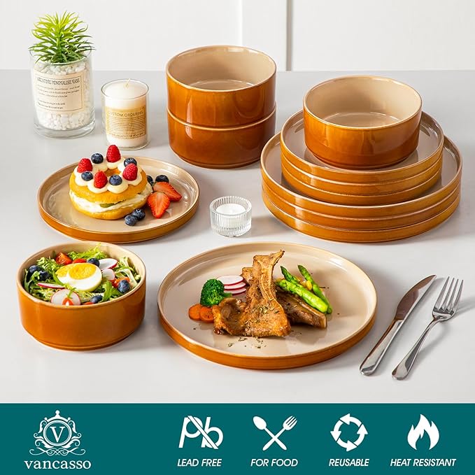 vancasso ONION Ceramic Plates and Bowls Sets 12 Pieces Brown Dinnerware Sets for Kitchen Reactive Glaze Dishes Set for 4 Dishwasher and Microwave Safe