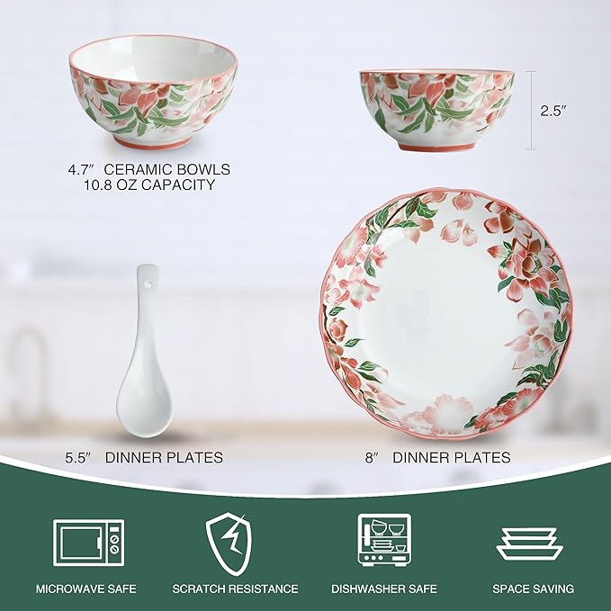 White &amp Blue Floral Porcelain Dinnerware Set 14-Piece Plates &amp Bowls Sets Microwave &amp Dishwasher Safe Elegant Gift Packaging