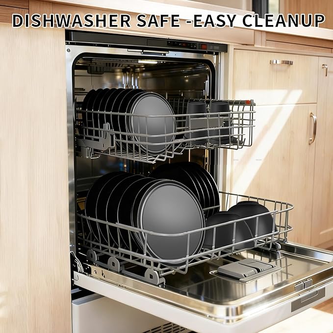 20 Piece RV &amp Camping Dinnerware Set Elegant Ceramic-Look Large Bowls &amp Plates Unbreakable &amp 100% Microwave Safe Melamine Alternative Service for 4 Black