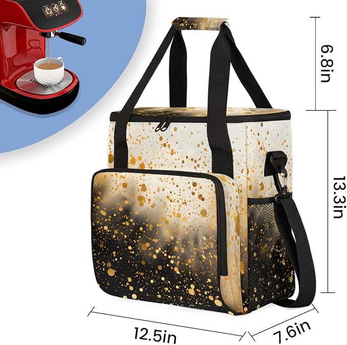 Glitter Coffee Maker Carrying Bag Gold Black Portable Travel Storage Tote Bag Compatible with K-Mini or K-Mini Plus Single Serve Coffee Brewer Carrying Case with Multiple Pockets &amp Shoulder Stra