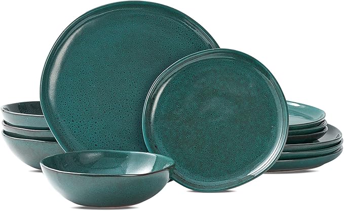 Bestone 12 Pieces Round Kitchen Dinnerware SetsPlates and Bowls SetsDishes Plates Bowls Dish Set Chip Resistant Ceramic Dinnerware Set Dishwasher/Microwave SafeService for 4Ceylon Green