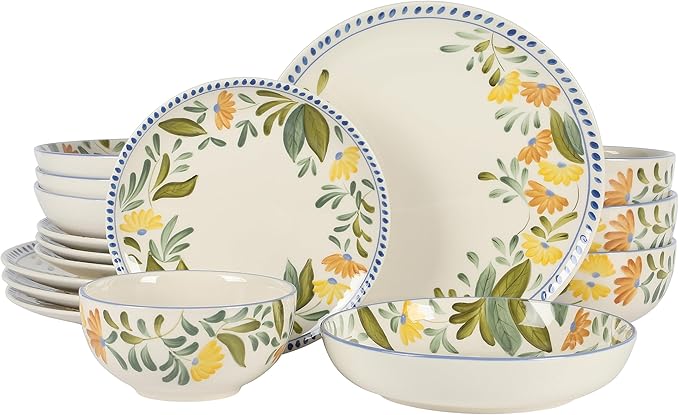 Bloomhouse - Two Time Oprah's Favorite Things Winner - Posy Blossom Double Bowl Hand Painted Stoneware Plates and Bowls Floral Dinnerware Set Service for Four (16pcs)