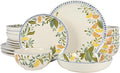 Bloomhouse - Two Time Oprah's Favorite Things Winner - Posy Blossom Double Bowl Hand Painted Stoneware Plates and Bowls Floral Dinnerware Set Service for Four (16pcs)