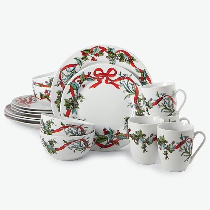 BrylaneHome 16 Piece Christmas Dinnerware Set (Service for 4) Includes Dinner &amp Salad or Dessert Plates Bowls Mugs Red &amp Green Holly &amp Holiday Ribbon Pattern - White