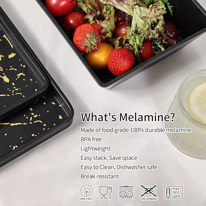Melamine Dinnerware Sets - 12pcs Square Plates and Bowls Sets For 4 Indoor Outdoor Use Dishwasher Safe Black &amp Gold