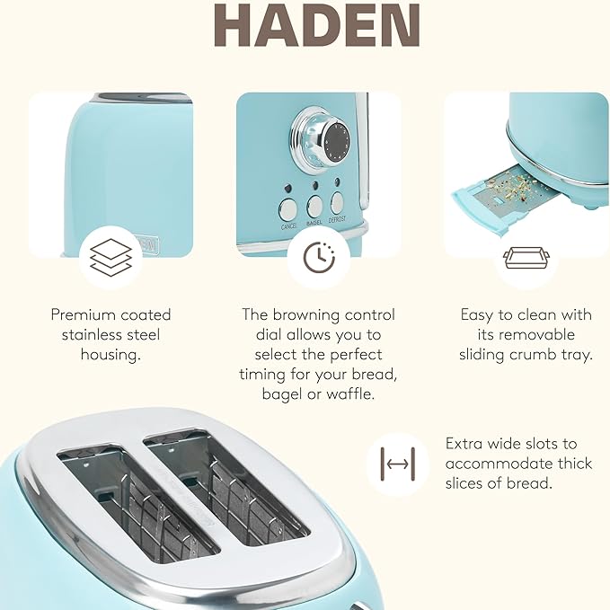 Haden Heritage 1.7 Liter Stainless Steel Electric Tea Kettle with Heritage 2 Slice Wide Slot Stainless Steel Bread Toaster Turquoise