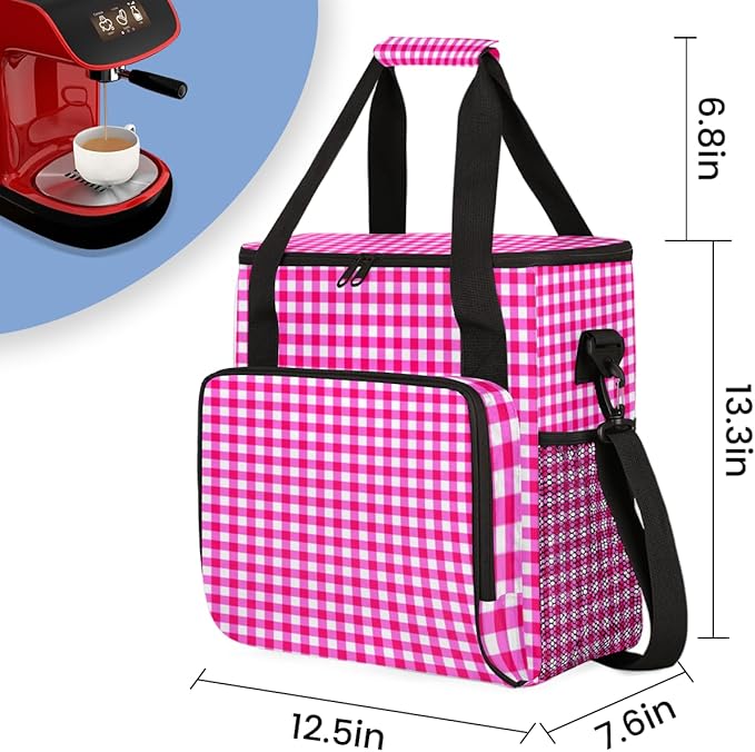 Flamingo Plaid Coffee Maker Carrying Bag Portable Travel Storage Tote Bag Compatible with K-Mini or K-Mini Plus Single Serve Coffee Brewer Carrying Case with Multiple Pockets &amp Shoulder Strap