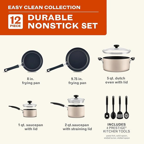 12 Pcs Nonstick Cookware Set with Cooking Tools - Easy Clean &amp Dishwasher Safe Champagne Color Ideal for Home Kitchen