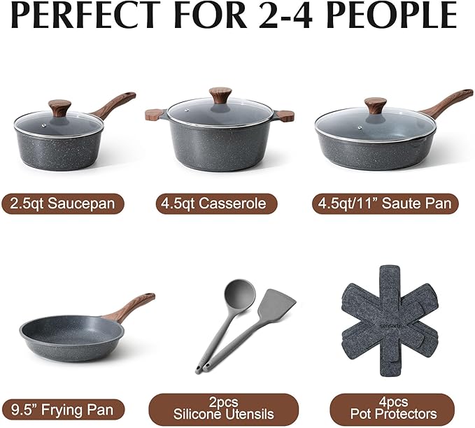 SENSARTE Nonstick Cookware Set 13-Piece Non Stick Pots and Pans Set with Swiss Granite Coating Healthy Kitchen Cooking Set Stay-Cool Handles PFOA Free