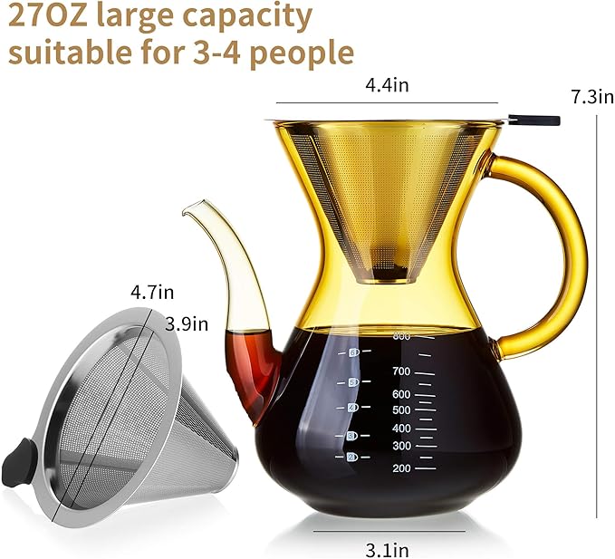 Unbreakable - Pour Over Coffee Maker with Double Stainless Filter 27 fl oz Thickened Heat-Resistant Borosilicate Glass Pour Over Coffee Dripper Stovetop Safe