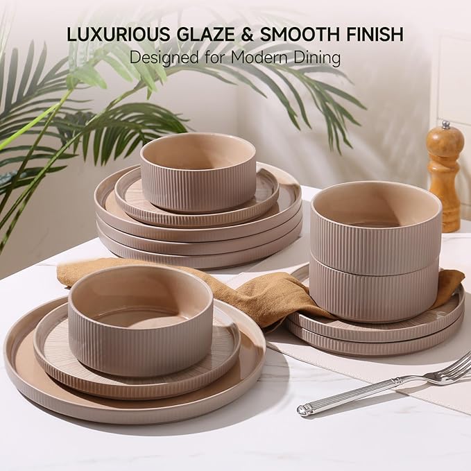 Dinnerware Sets for 4 Ceramic Plates and Bowls Set 12 Piece Dinnerware Chip Resistant Stoneware Dishwasher and Microwave Safe-Brown