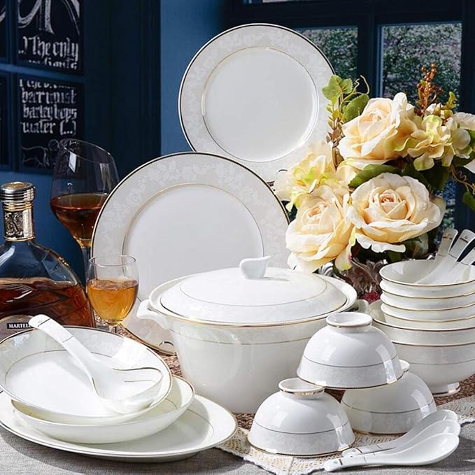 52 Pieces Ceramics Phnom Penh Plates Bowls Combination Bone China Embossed Pattern Dinnerware Set for Banquet