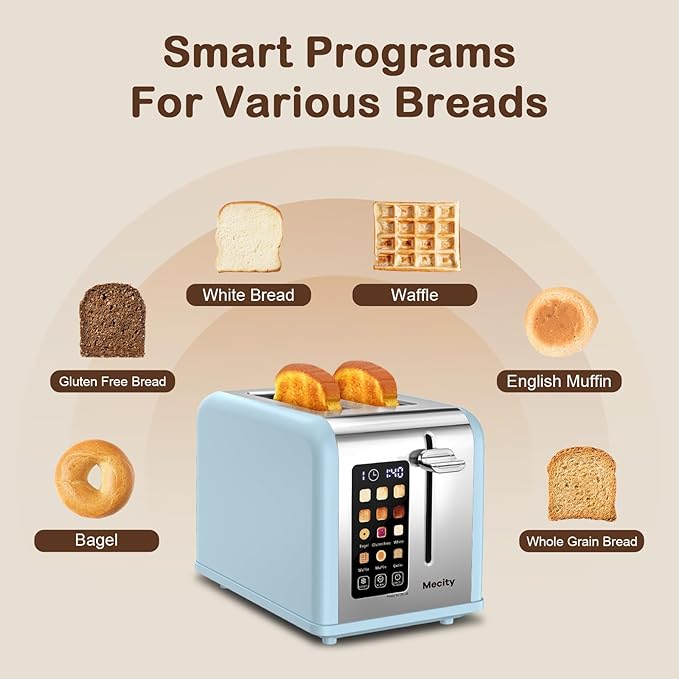 Mecity 2 Slice Touch Screen Toaster 1.5 Wide Slot Stainless Steel Smart Toaster for Bagels Muffins Waffles Gluten-Free Breads Defrost Reheat Timer 120V 825W Ice Blue