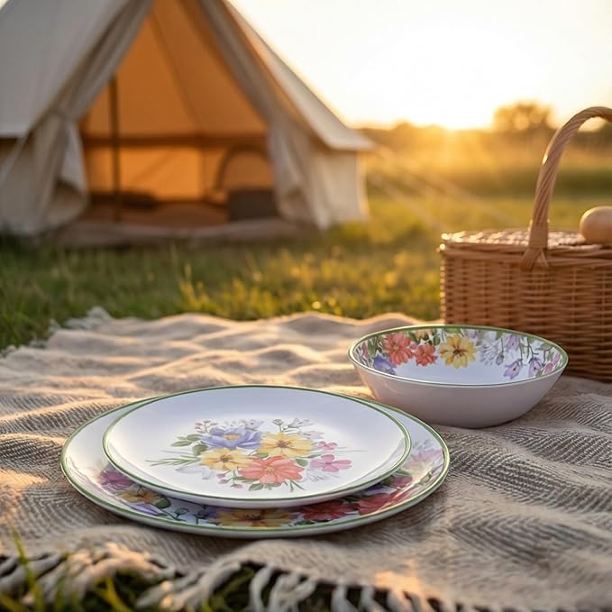 12 Piece Floral Melamine Dinnerware Sets Green Camping Dishes Set Spring Lightweight Plates and Bowls Sets Service for 4 Unbreakable Dishwasher Safe Dish Set for Indoor &amp Outdoor Use