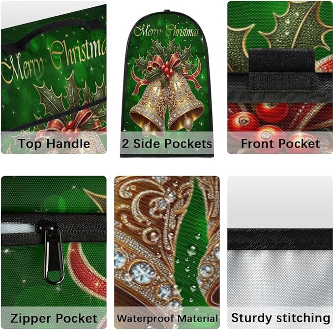 Kitchen Aid Mixer Cover Christmas Holly Bells Stand Mixer Cover Compatible with 6-8 Quarts Stand Mixers Dust Covers with Zipper Pocket Foldable Washable Kitchen Aid Organizer Bag