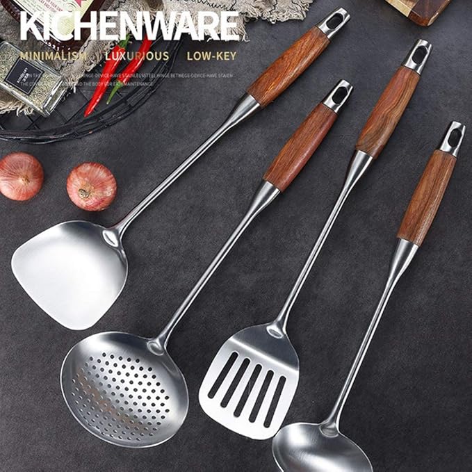Chef Kitchen Cookware Set 4 Piece Nonstick Spatula Set Black Wooden Handle Stainless Steel Kitchen Gadgets