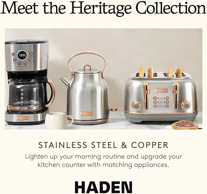 Haden Heritage 4 Slice Wide Slot Stainless Steel Toaster Bundled with 1.7 Liter Stainless Steel Electric Water Kettle Steel &amp Copper