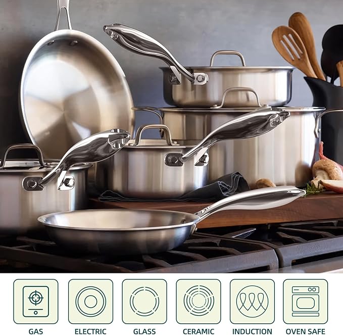 Umite Chef Stainless Steel Cookware Set 5 Ply 14 Piece Stainless Steel Pot and Pan Set-Induction Heavy Chef Quality Oven Safe | Professional Kitchen Cooking Appliances PFOA PTFE &amp PFOS Free