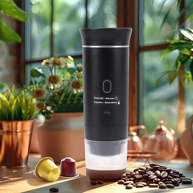 3 In 1 Portable Coffee Maker Travel Coffee Machine for Camping 72W 120ML Car Self Heating Coffee Maker with USB C Portable Espresso Maker for RV Home Hiking (Black)