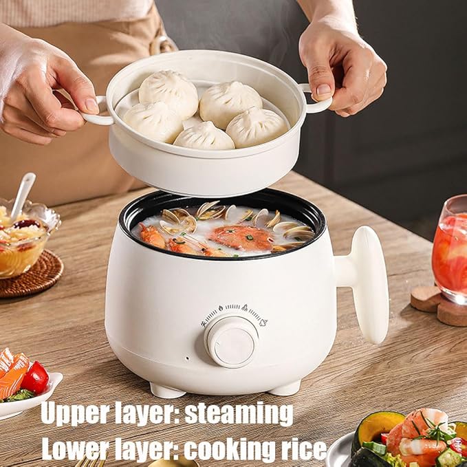 Portable Multifunctional Non-Stick Electric Pot Mini Electric Hot Pot Rice Cooker Non Stick Frying Skillets 3 Heat Settings Steaming Boiling Frying Stir-Frying Dorm Home Travel (With PP plasti