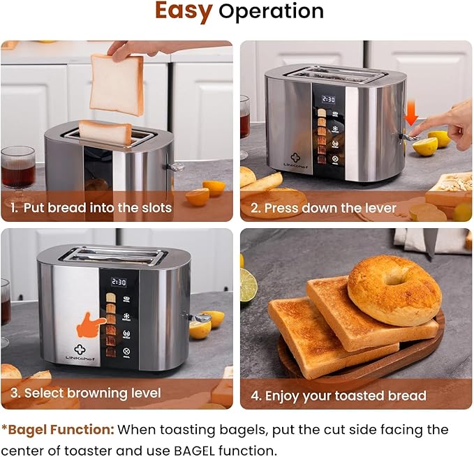 LINKChef 2 Slice Toaster Extra-Wide 1.5 Slots Touch Screen Control | Stainless Steel Bagel/Defrost/Reheat Functions