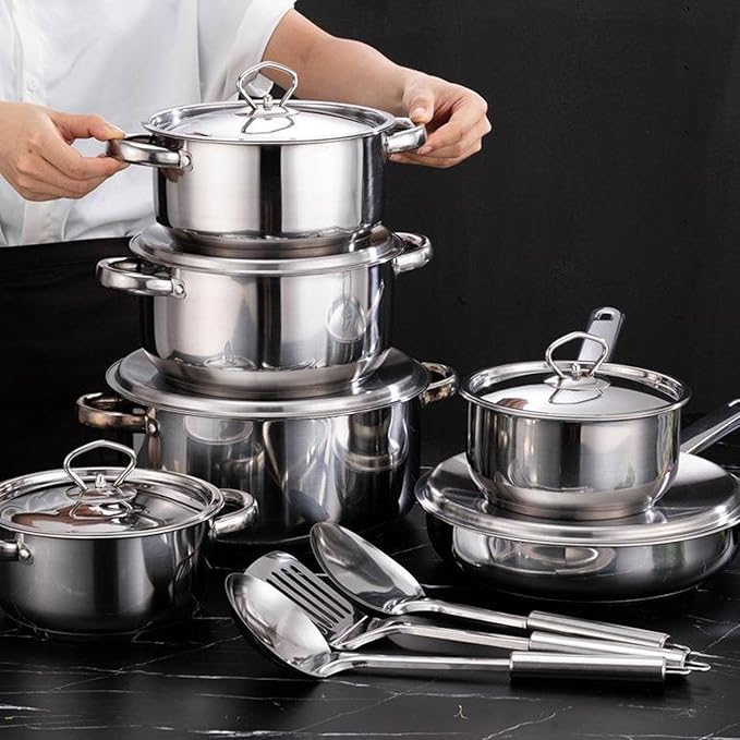 FLEXMAN Stainless Steel Cookware Set Pots and Pans Set Kitchen Cooking Set Stainless Steel Pan Cooking Utensils Set for Home Cooking
