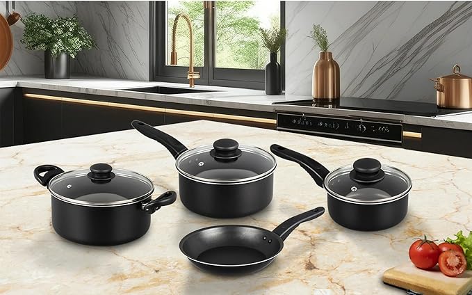 Black 7 Piece Non Stick Aluminum Pots and Pans Set Includes 1QT 2QT Saucepan 4QT Dutch Oven 8 Frying Pan with Lids Dishwasher Safe Cookware for Even Heat Cooking (Black)