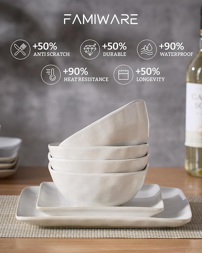 Famiware Dinnerware Sets for 4 Ocean Square 12-Piece Kitchen Plates and Bowls Sets Microwave and Dishwasher Safe Scratch Resistant Matte White