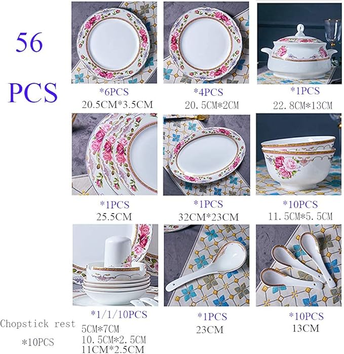 Flower Bone China Tableware Set Porcelain Dishes/Plate/Bowl Dinnerware SetCeramic Dinner SetsFine Dinnerware SetsDishwasher &amp Microwave Safe (A60pcs Service for