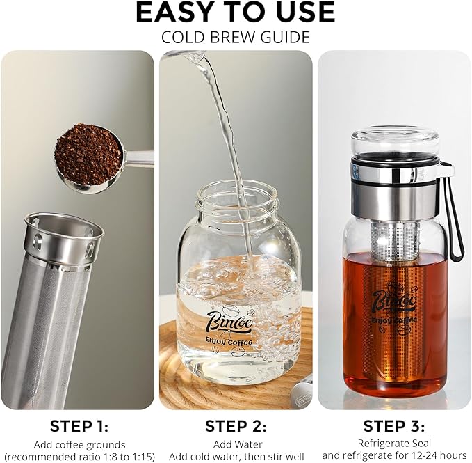 Bincoo Glass Cold Brew Coffee Maker with Extended Fine Mesh Filter Tea Infuser Bottle Iced Coffee Maker with Thick Borosilicate Glass (750ml/24oz)