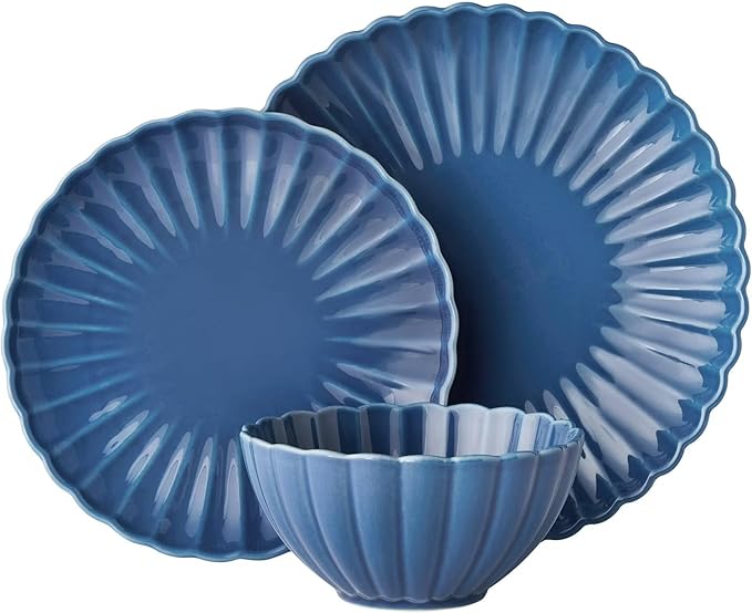 12-Piece Stoneware Dinnerware Set Scalloped Design Blue