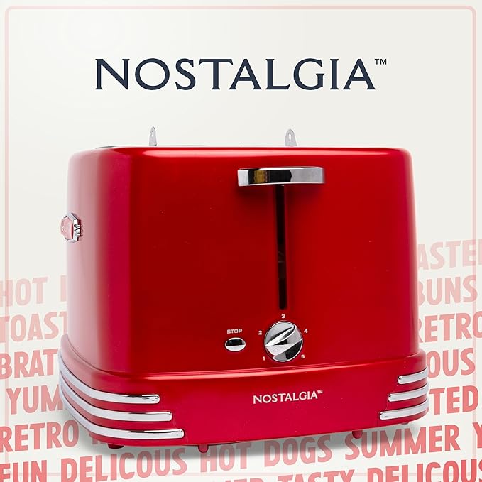 Nostalgia 4 Slot Hot Dog and Bun Toaster with Mini Tongs Hot Dog Toaster Works with Chicken Turkey Veggie Links Sausages and Brats Metallic Red
