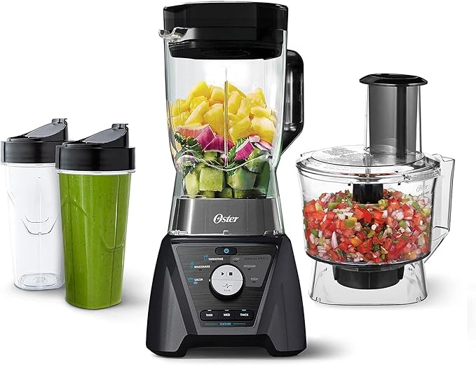 Oster Blender and Food Processor Combo with 3 Settings for Smoothies Shakes and Food Chopping Includes 2 24-Ounce Cups and Lids Carbon Grey