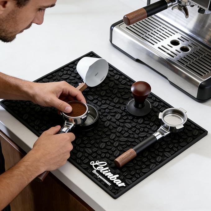 Coffee Bar Mats for Countertop Bar Decor Accessories Coffee Machine Tray for Countertop Non-slip Dish Drying Mat Rubber Barista Tools Pad Espresso Organizer (Black 18x12)